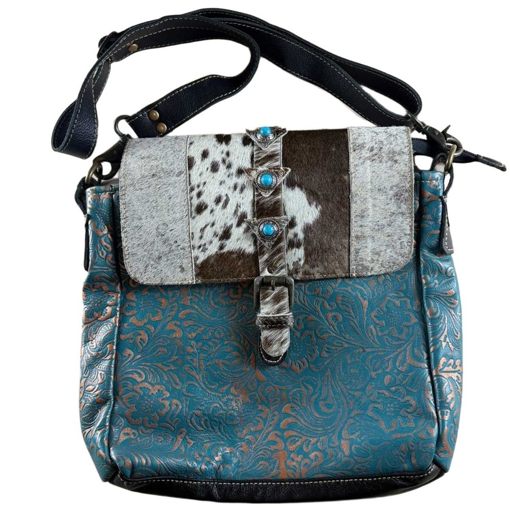 Myra Bag Teal Embossed Leather Cowhide Crossbody Turquoise Studded Western Bag